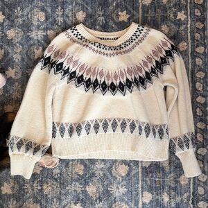 Lucky Brand Cream Fair Isle Crewneck Sweater with Pink and Black Accents